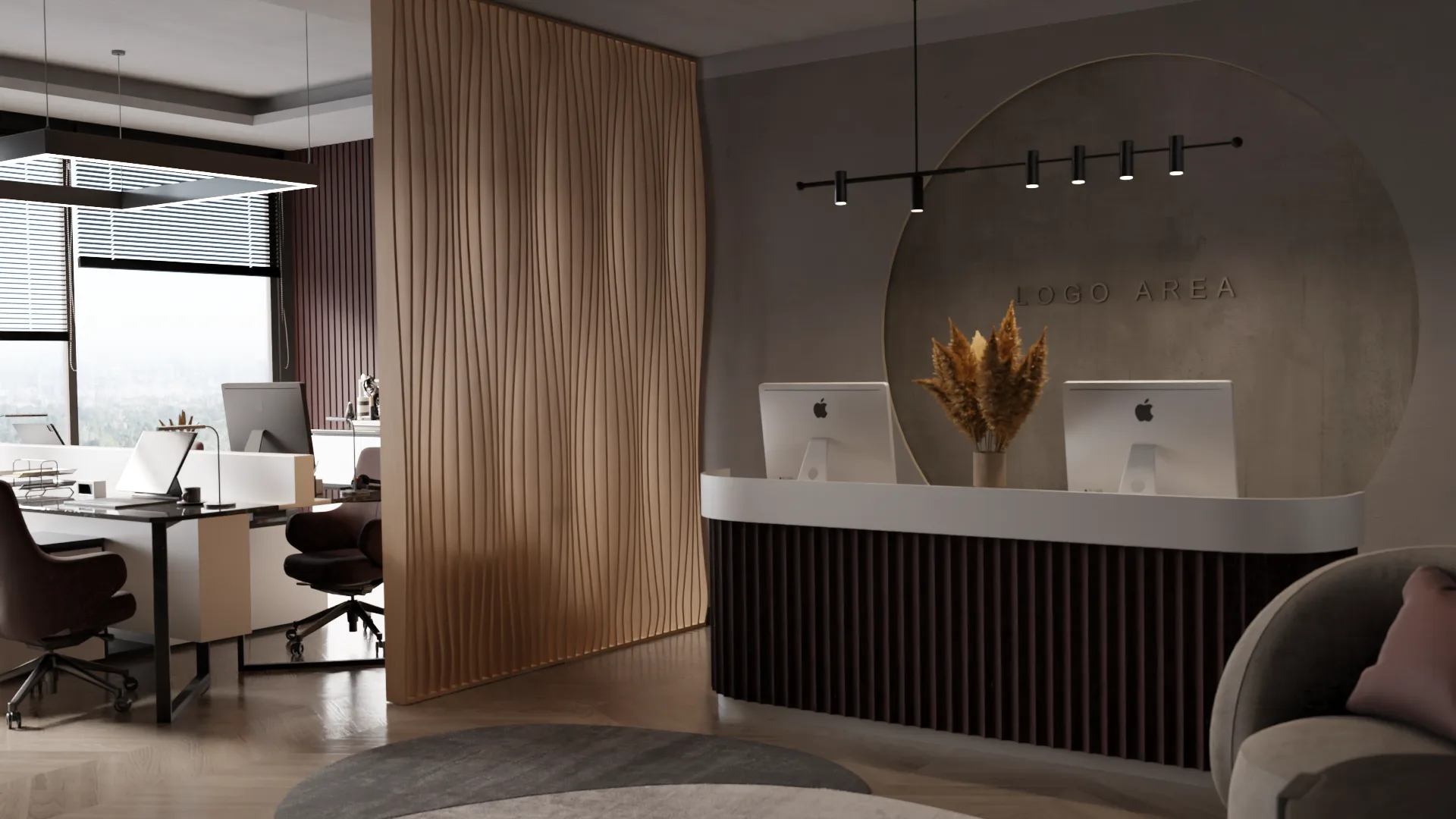 Aplicación de una superficie de madera en un espacio de recepción