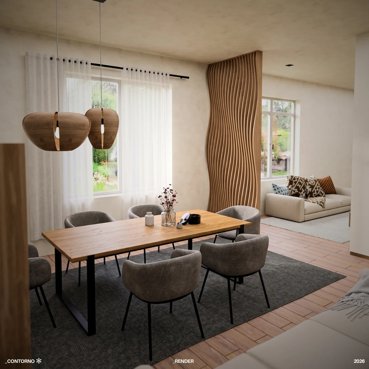 Separador Viento articulando un comedor y una sala residencial