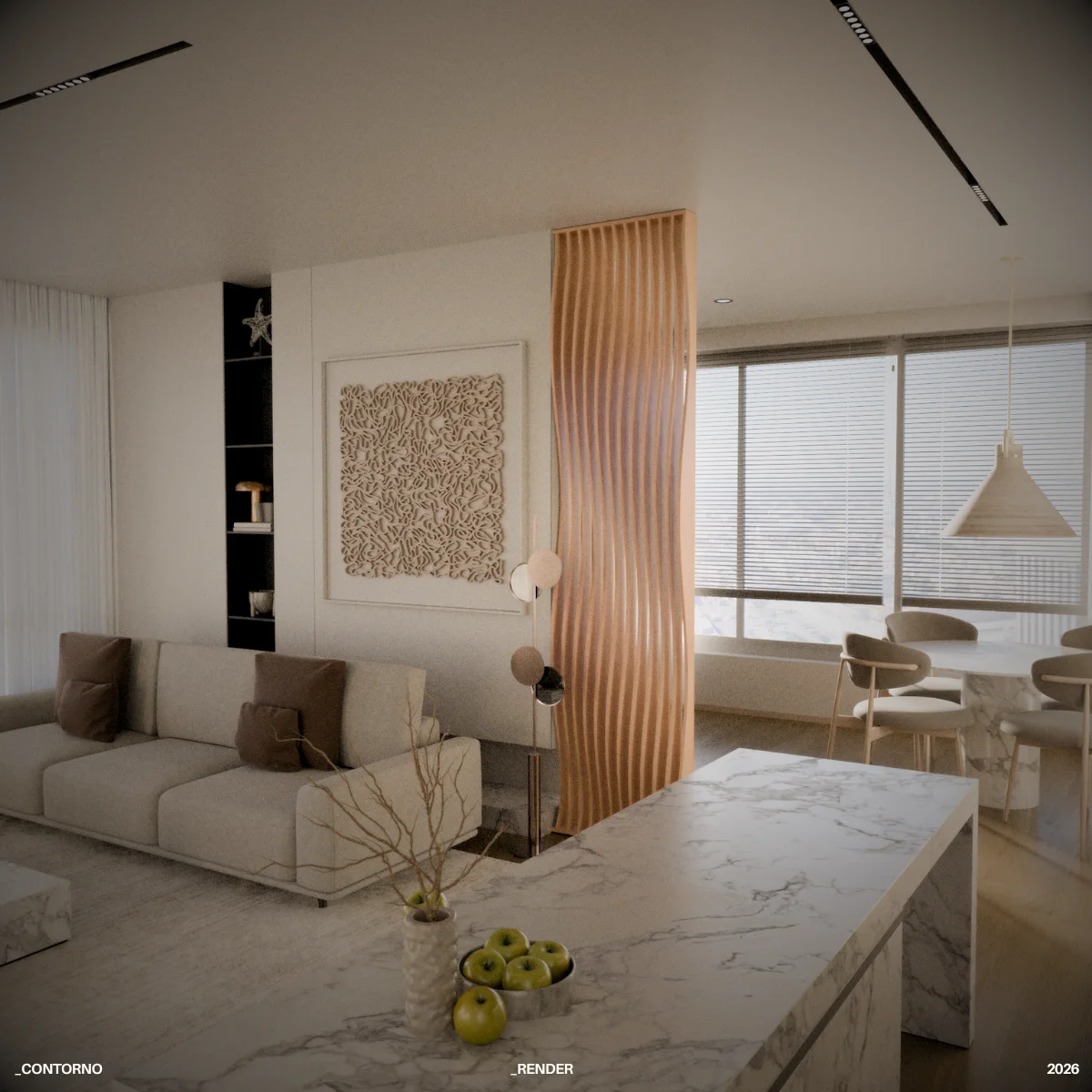 Separador Viento definiendo una sala residencial abierta