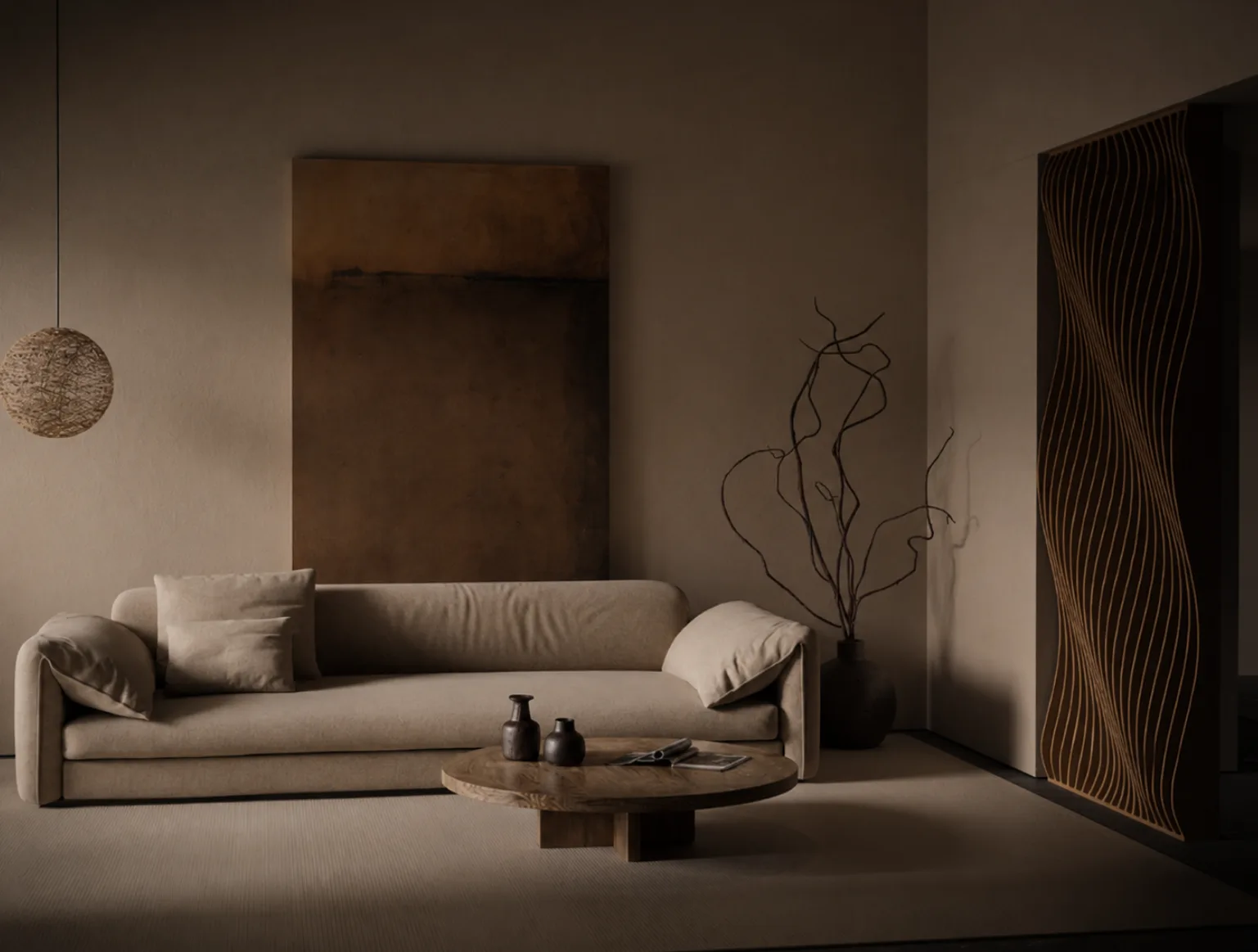 Render de un separador paramétrico de madera integrado a una sala