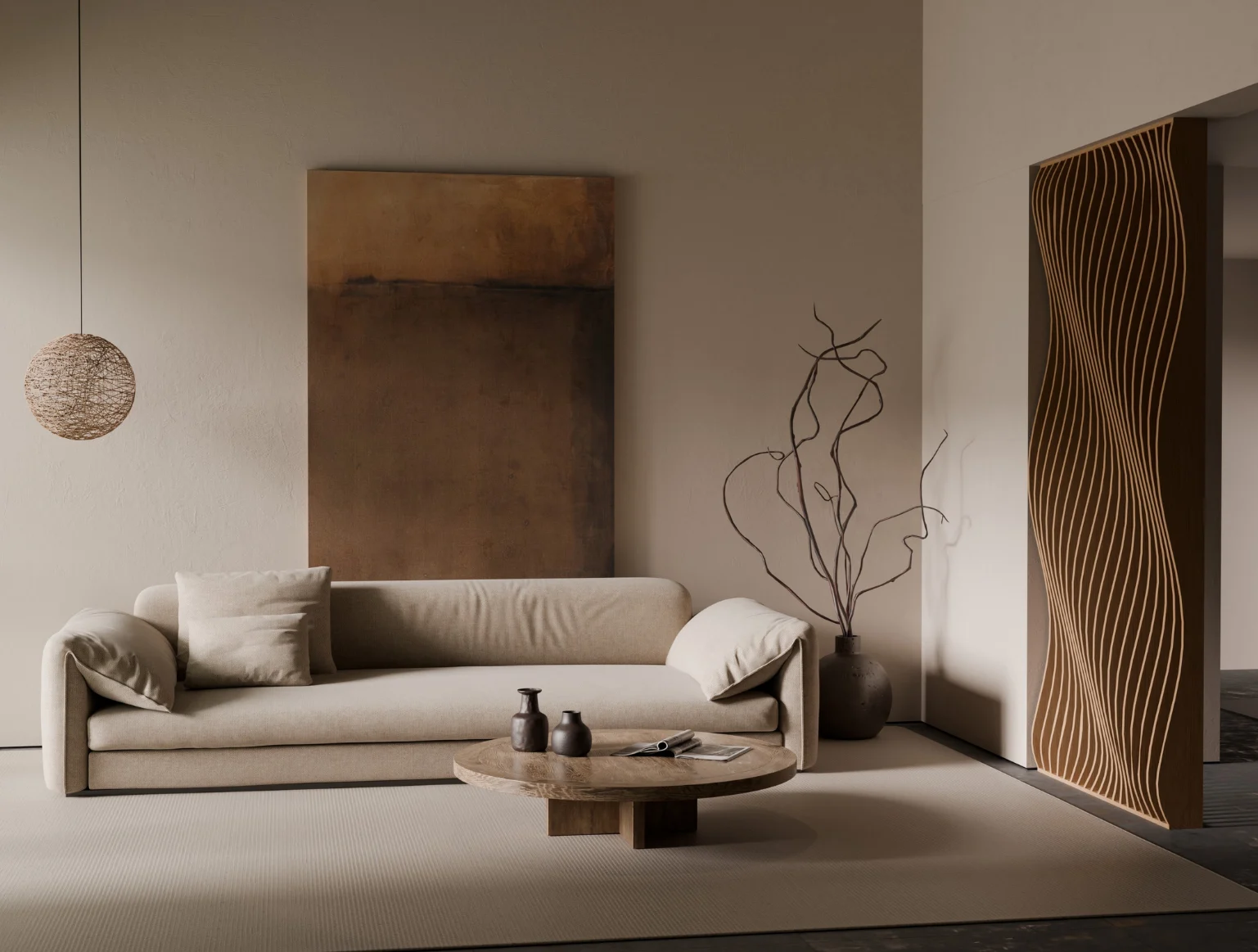 Separador paramétrico de madera inspirado en el viento dentro de una sala de tonos cálidos